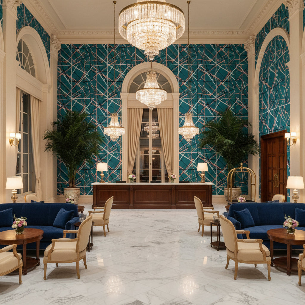 GWF-3771.335.0 | Kravet - Hotel Lobby Visualization (AI-generated, may not be to scale. Verify pattern scale with product specifications.)