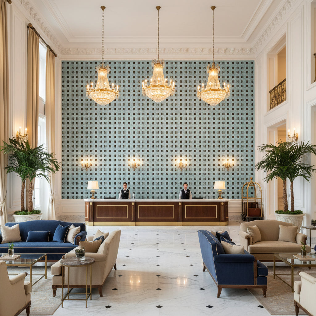 GWF-3781.15.0 | Kravet - Hotel Lobby Visualization (AI-generated, may not be to scale. Verify pattern scale with product specifications.)