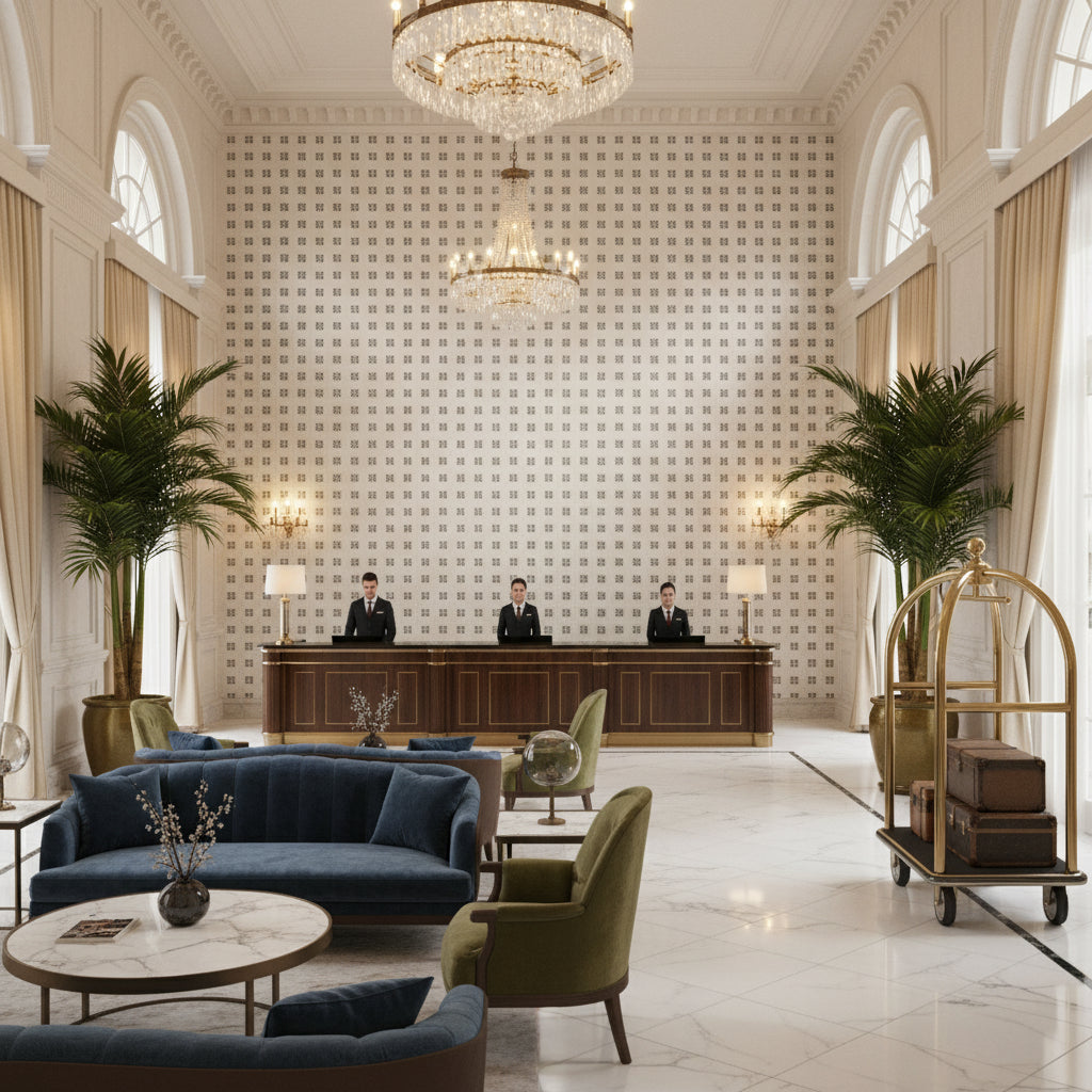 GWF-3781.1611.0 | Kravet - Hotel Lobby Visualization (AI-generated, may not be to scale. Verify pattern scale with product specifications.)