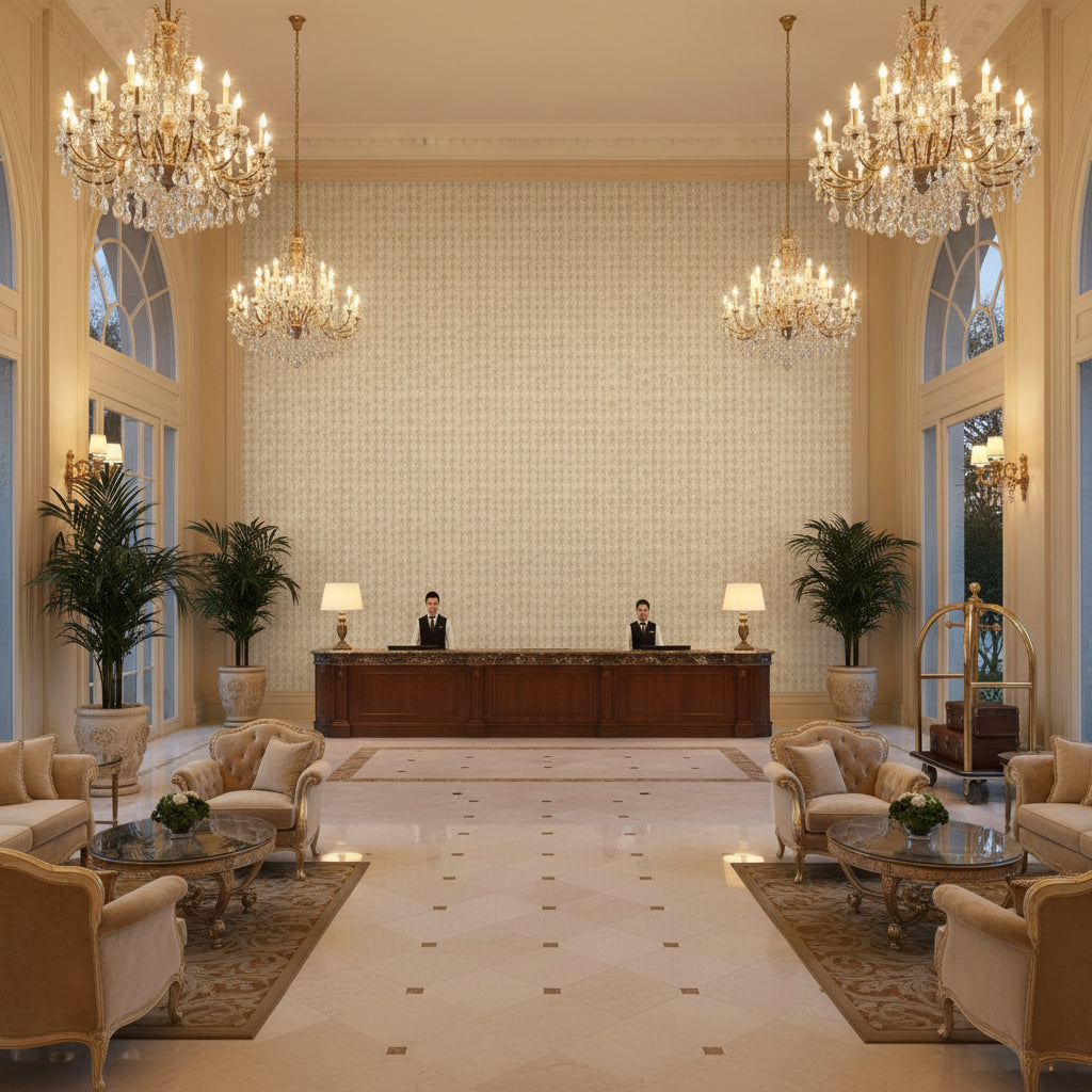 GWF-3795.16.0 | Kravet - Hotel Lobby Visualization (AI-generated, may not be to scale. Verify pattern scale with product specifications.)