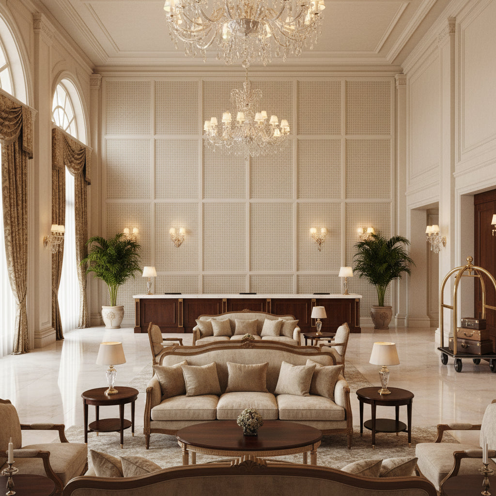 GWF-3798.1101.0 | Kravet - Hotel Lobby Visualization (AI-generated, may not be to scale. Verify pattern scale with product specifications.)