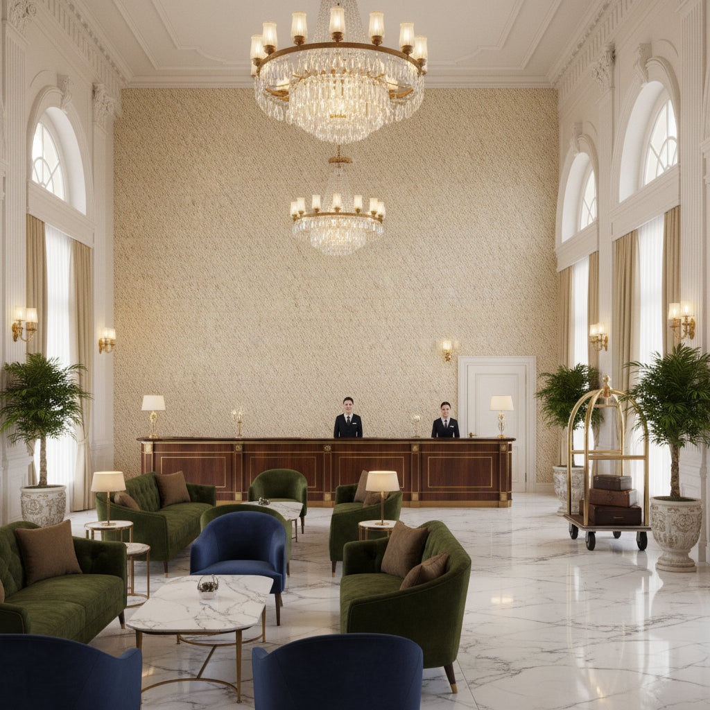 GWF-3800.1614.0 | Kravet - Hotel Lobby Visualization (AI-generated, may not be to scale. Verify pattern scale with product specifications.)