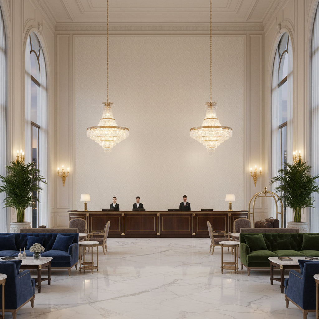 GWF-3801.1.0 | Kravet - Hotel Lobby Visualization (AI-generated, may not be to scale. Verify pattern scale with product specifications.)