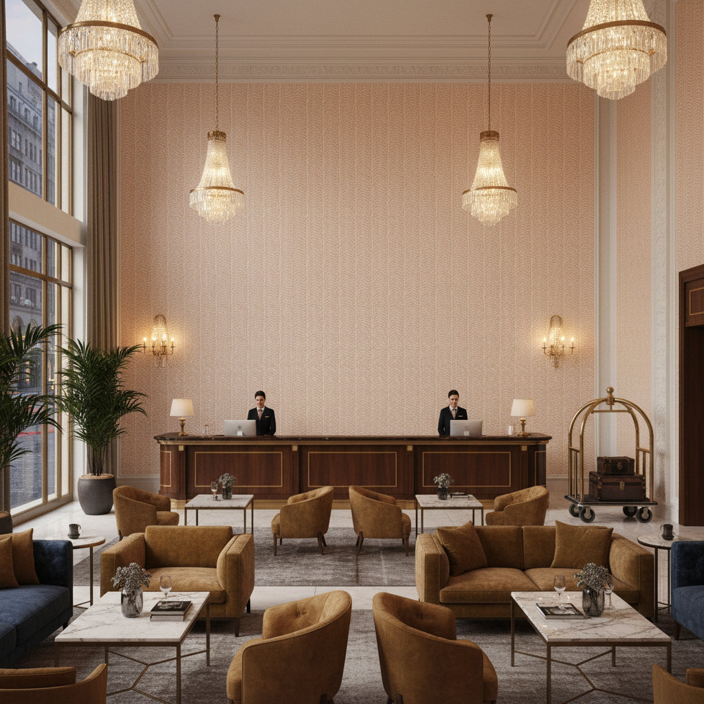 GWF-3801.24.0 | Kravet - Hotel Lobby Visualization (AI-generated, may not be to scale. Verify pattern scale with product specifications.)