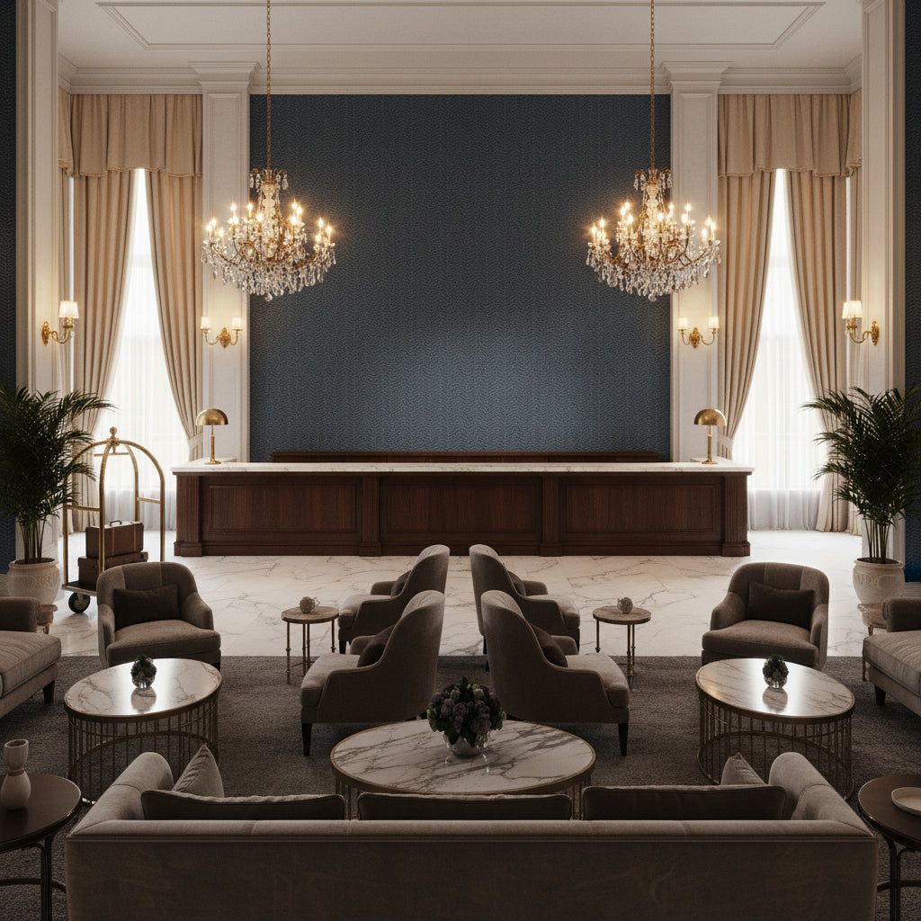 GWF-3801.50.0 | Kravet - Hotel Lobby Visualization (AI-generated, may not be to scale. Verify pattern scale with product specifications.)