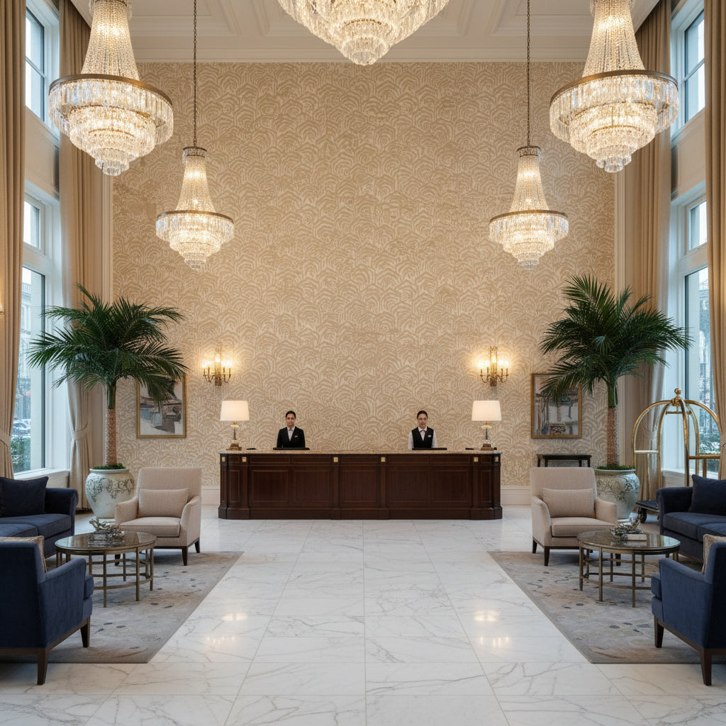 GWF-3807.16.0 | Kravet - Hotel Lobby Visualization (AI-generated, may not be to scale. Verify pattern scale with product specifications.)