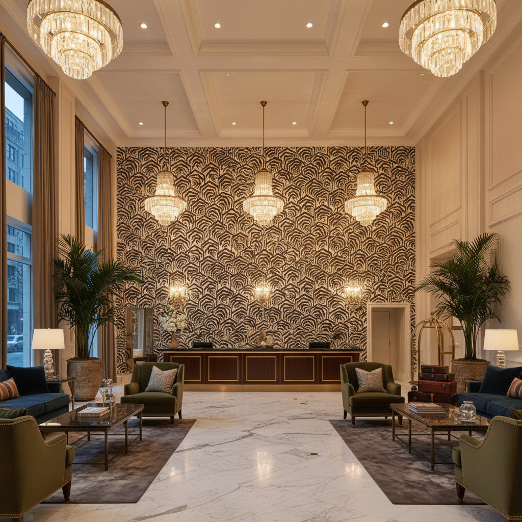 GWF-3807.8.0 | Kravet - Hotel Lobby Visualization (AI-generated, may not be to scale. Verify pattern scale with product specifications.)