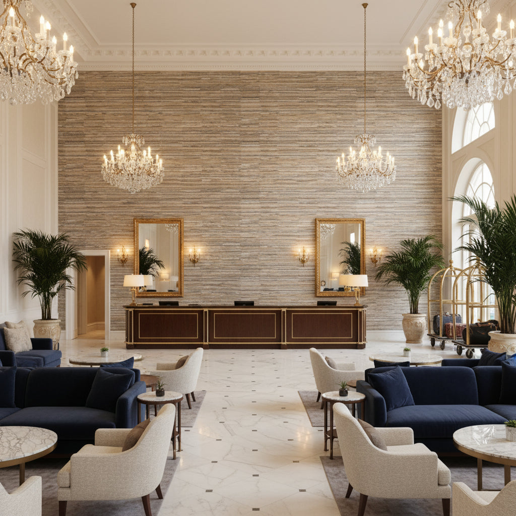 GWF-3809.1611.0 | Kravet - Hotel Lobby Visualization (AI-generated, may not be to scale. Verify pattern scale with product specifications.)