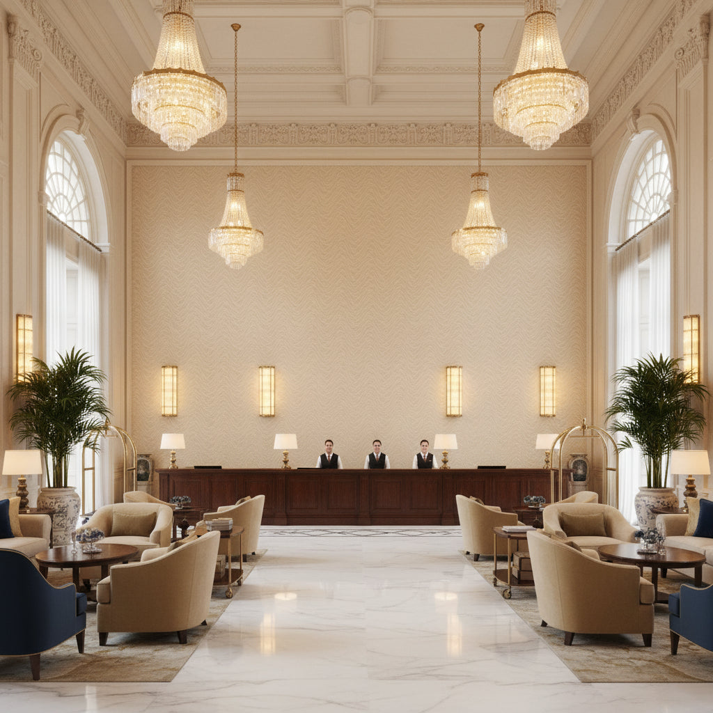 GWF-3811.16.0 | Kravet - Hotel Lobby Visualization (AI-generated, may not be to scale. Verify pattern scale with product specifications.)