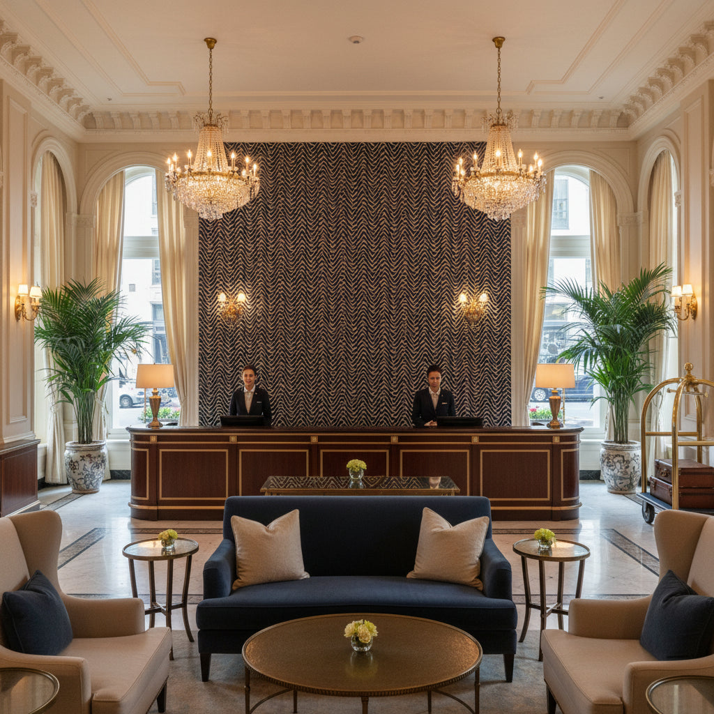 GWF-3811.5.0 | Kravet - Hotel Lobby Visualization (AI-generated, may not be to scale. Verify pattern scale with product specifications.)