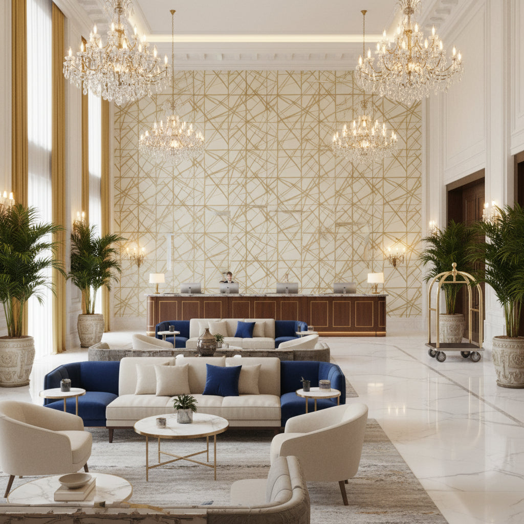GWP-3417.116.0 | Kravet - Hotel Lobby Visualization (AI-generated, may not be to scale. Verify pattern scale with product specifications.)
