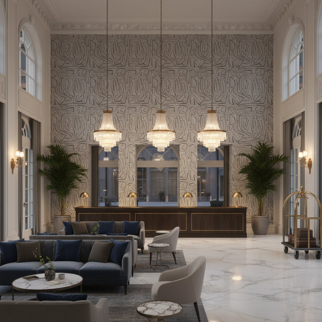 GWP-3501.118.0 | Kravet - Hotel Lobby Visualization (AI-generated, may not be to scale. Verify pattern scale with product specifications.)