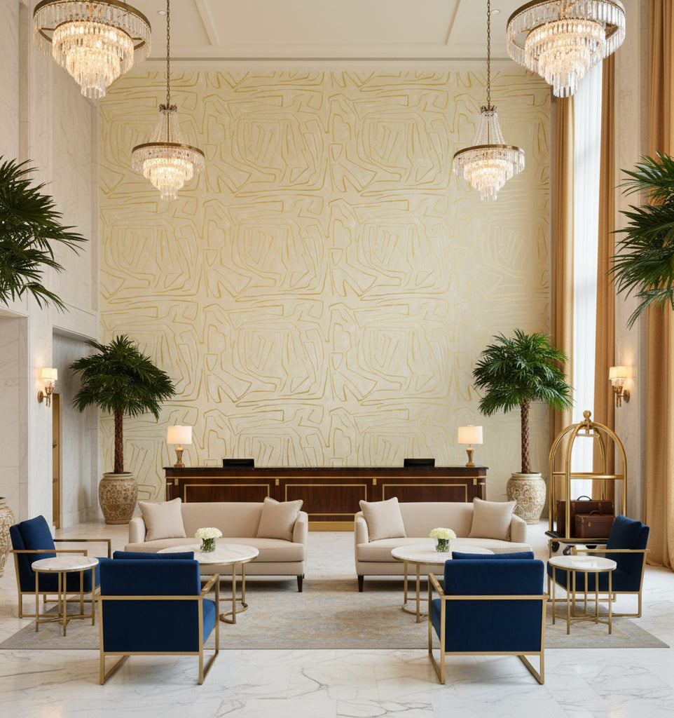 GWP-3501.140.0 | Kravet - Hotel Lobby Visualization (AI-generated, may not be to scale. Verify pattern scale with product specifications.)