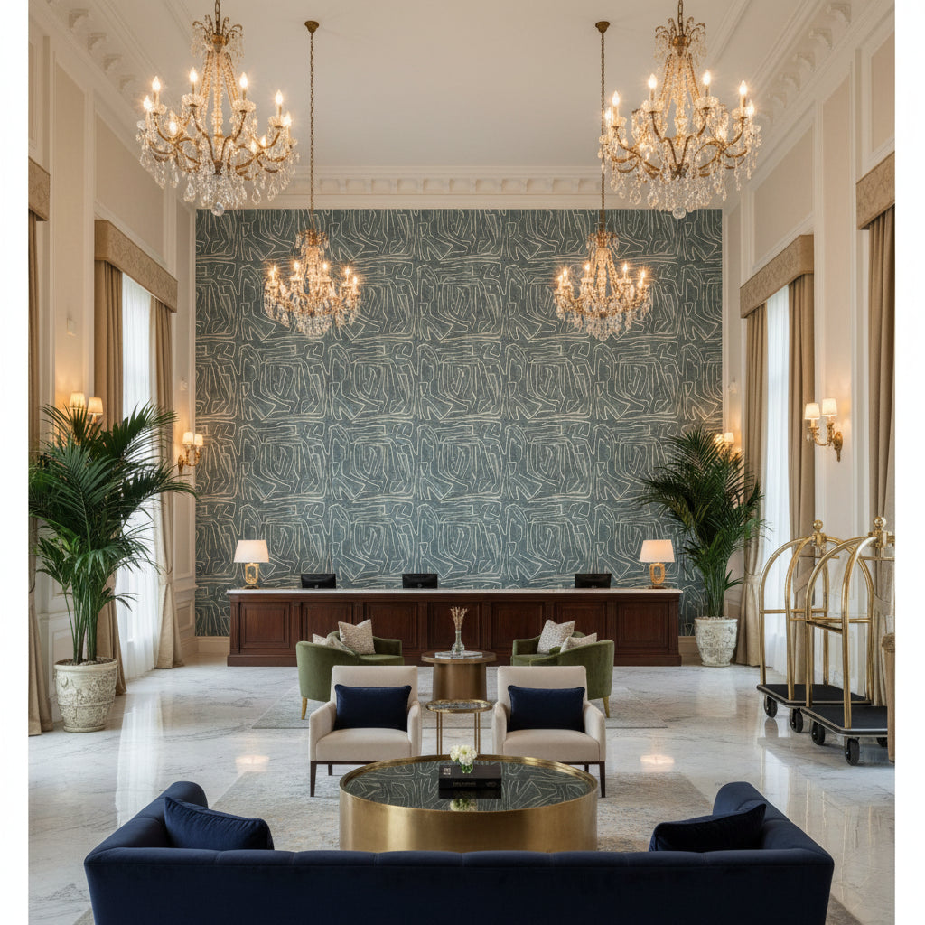 GWP-3501.15.0 | Kravet - Hotel Lobby Visualization (AI-generated, may not be to scale. Verify pattern scale with product specifications.)