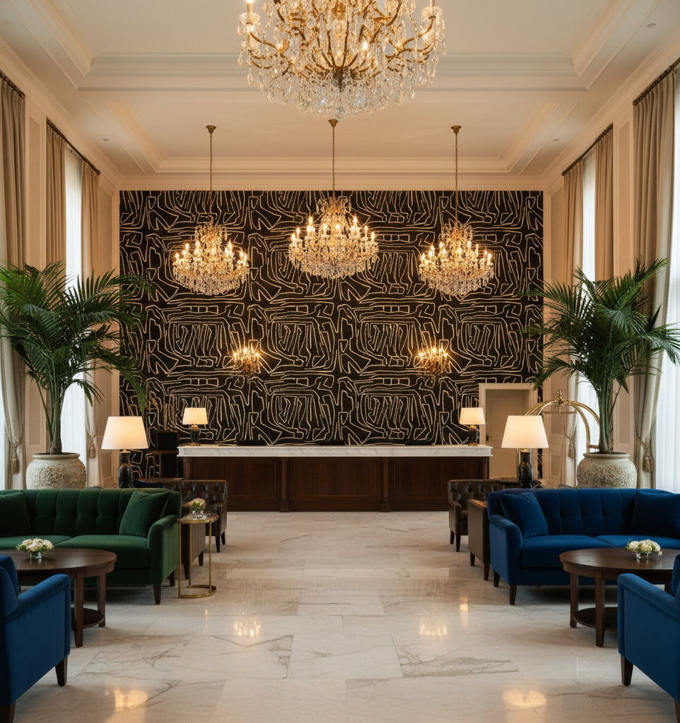 GWP-3501.816.0 | Kravet - Hotel Lobby Visualization (AI-generated, may not be to scale. Verify pattern scale with product specifications.)
