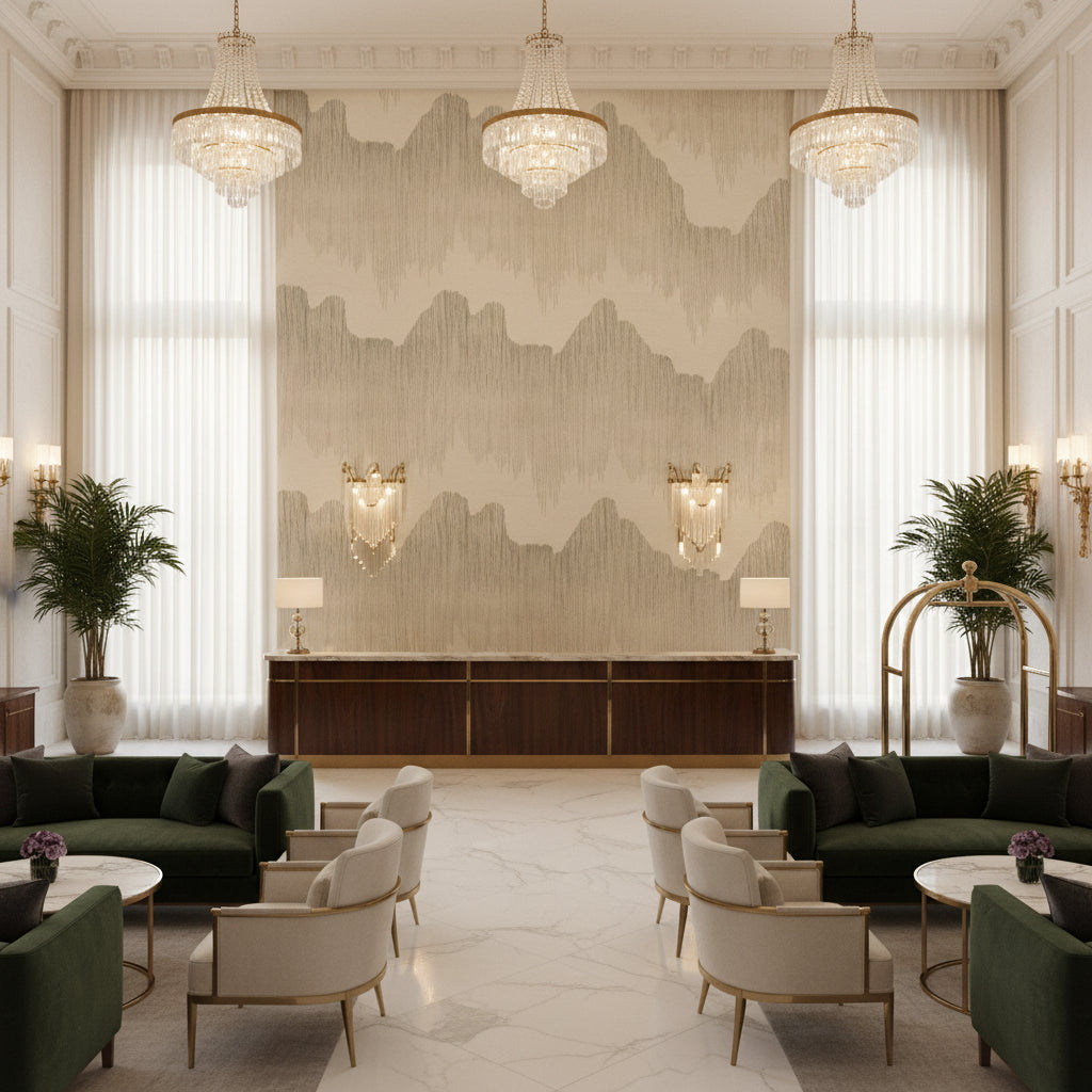 GWP-3715.168.0 | Kravet - Hotel Lobby Visualization (AI-generated, may not be to scale. Verify pattern scale with product specifications.)