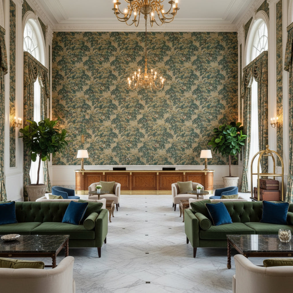 MANSFIELD LINEN.LARKSPU.0 | Kravet - Hotel Lobby Visualization (AI-generated, may not be to scale. Verify pattern scale with product specifications.)