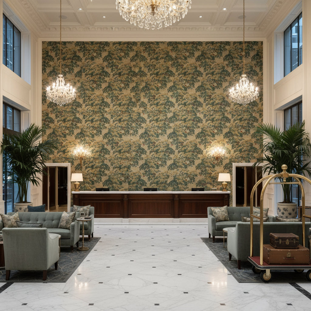 MANSFIELD LINEN.WOODLAN.0 | Kravet - Hotel Lobby Visualization (AI-generated, may not be to scale. Verify pattern scale with product specifications.)
