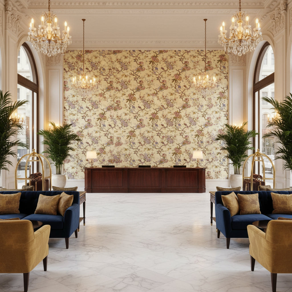 ORIENTAL BIRD.RED/STO.0 | Kravet - Hotel Lobby Visualization (AI-generated, may not be to scale. Verify pattern scale with product specifications.)