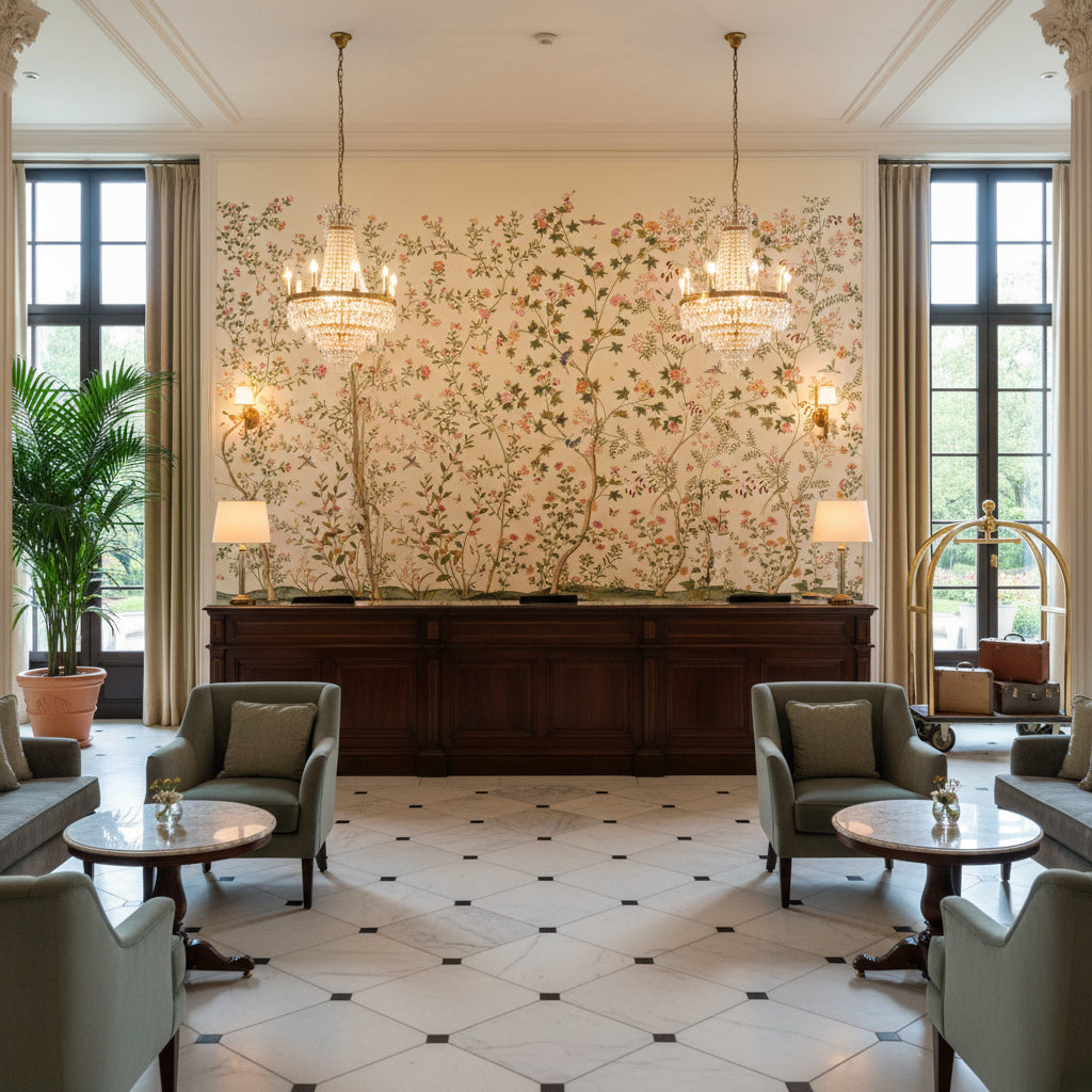 P2016106.735.0 | Kravet - Hotel Lobby Visualization (AI-generated, may not be to scale. Verify pattern scale with product specifications.)
