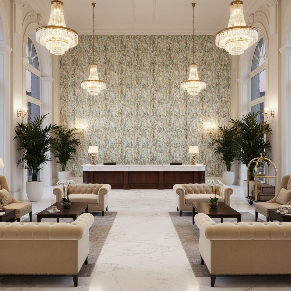 P2019103.135.0 | Kravet - Hotel Lobby Visualization (AI-generated, may not be to scale. Verify pattern scale with product specifications.)