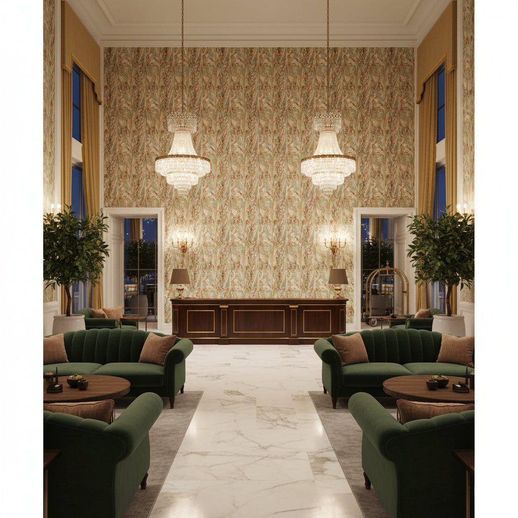P2019103.137.0 | Kravet - Hotel Lobby Visualization (AI-generated, may not be to scale. Verify pattern scale with product specifications.)