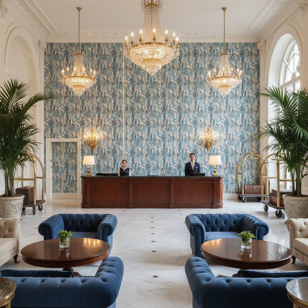 P2019103.155.0 | Kravet - Hotel Lobby Visualization (AI-generated, may not be to scale. Verify pattern scale with product specifications.)