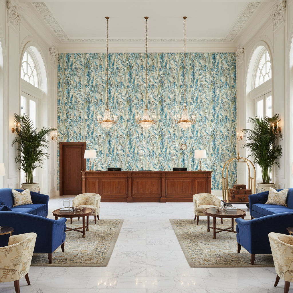 P2019103.345.0 | Kravet - Hotel Lobby Visualization (AI-generated, may not be to scale. Verify pattern scale with product specifications.)