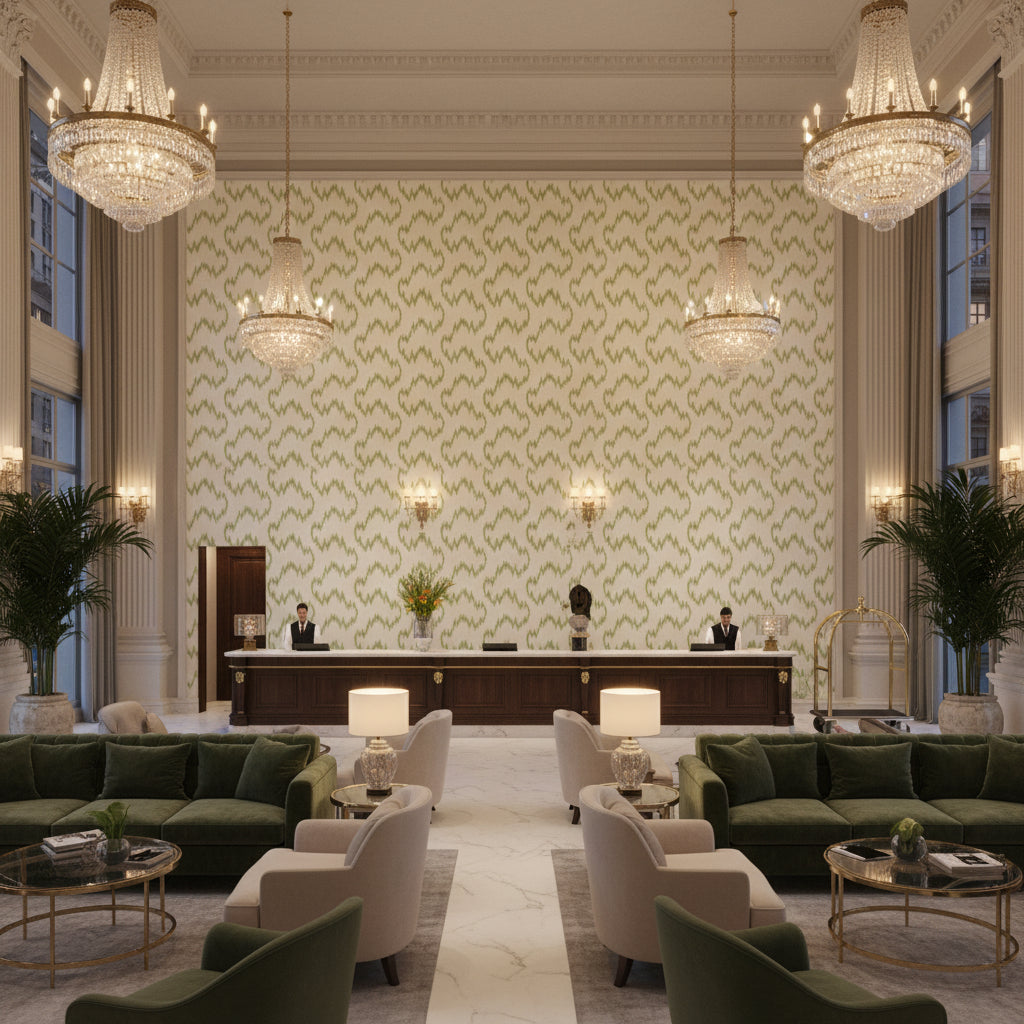 P2023129.316.0 | Kravet - Hotel Lobby Visualization (AI-generated, may not be to scale. Verify pattern scale with product specifications.)