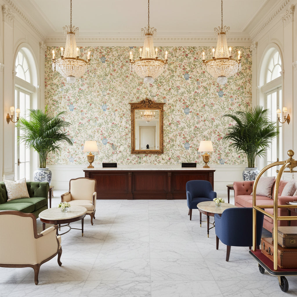P8019118.192.0 | Kravet - Hotel Lobby Visualization (AI-generated, may not be to scale. Verify pattern scale with product specifications.)