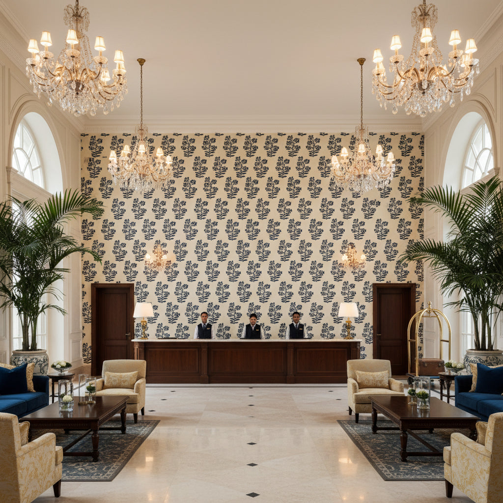 PP50481.1.0 | Kravet - Hotel Lobby Visualization (AI-generated, may not be to scale. Verify pattern scale with product specifications.)