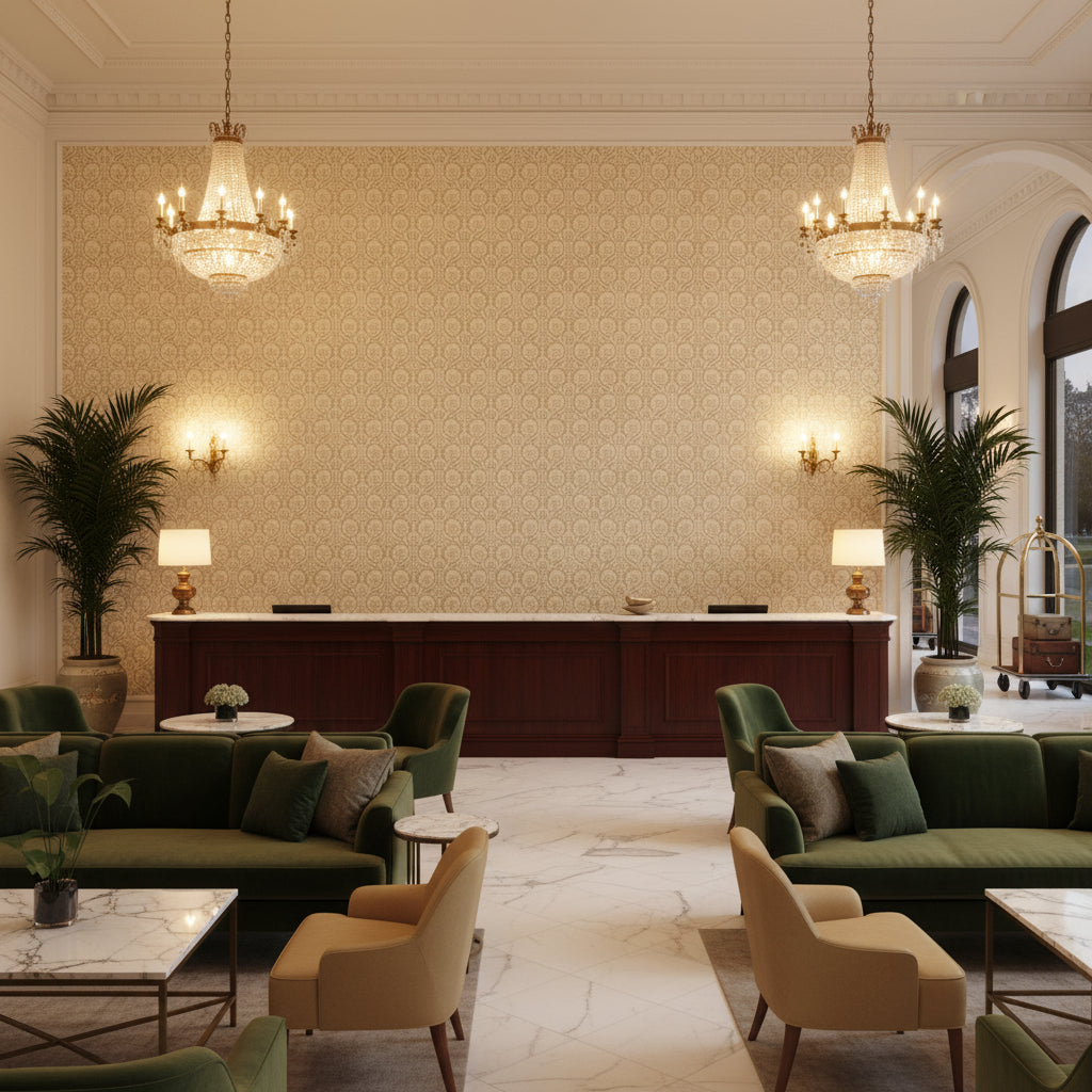 PP50481.4.0 | Kravet - Hotel Lobby Visualization (AI-generated, may not be to scale. Verify pattern scale with product specifications.)