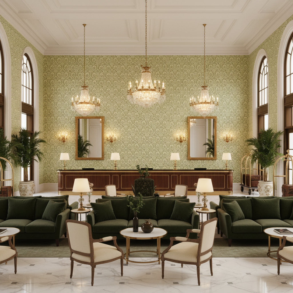 PP50481.5.0 | Kravet - Hotel Lobby Visualization (AI-generated, may not be to scale. Verify pattern scale with product specifications.)