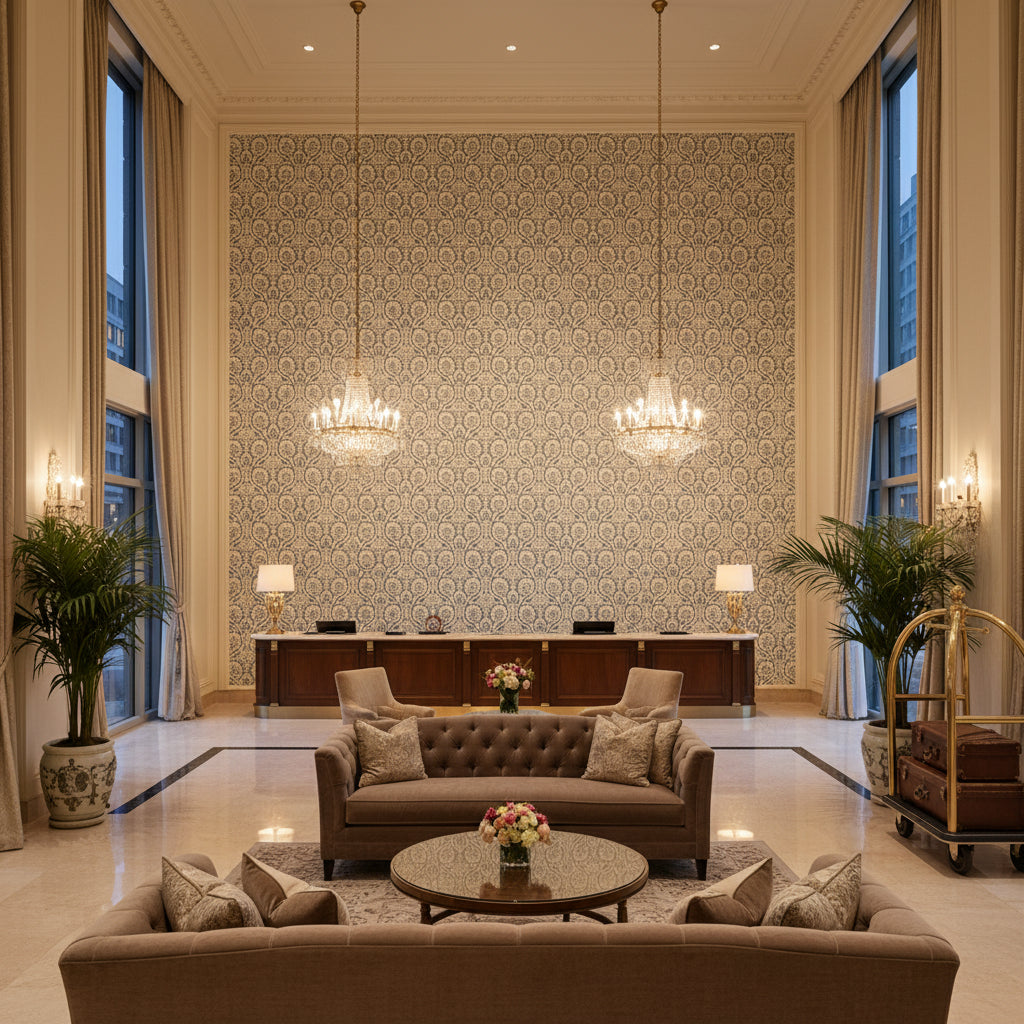 PP50481.7.0 | Kravet - Hotel Lobby Visualization (AI-generated, may not be to scale. Verify pattern scale with product specifications.)