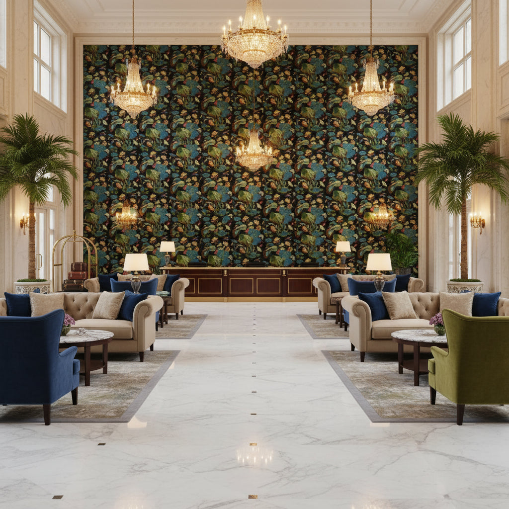 R1206.7.0 | Kravet - Hotel Lobby Visualization (AI-generated, may not be to scale. Verify pattern scale with product specifications.)