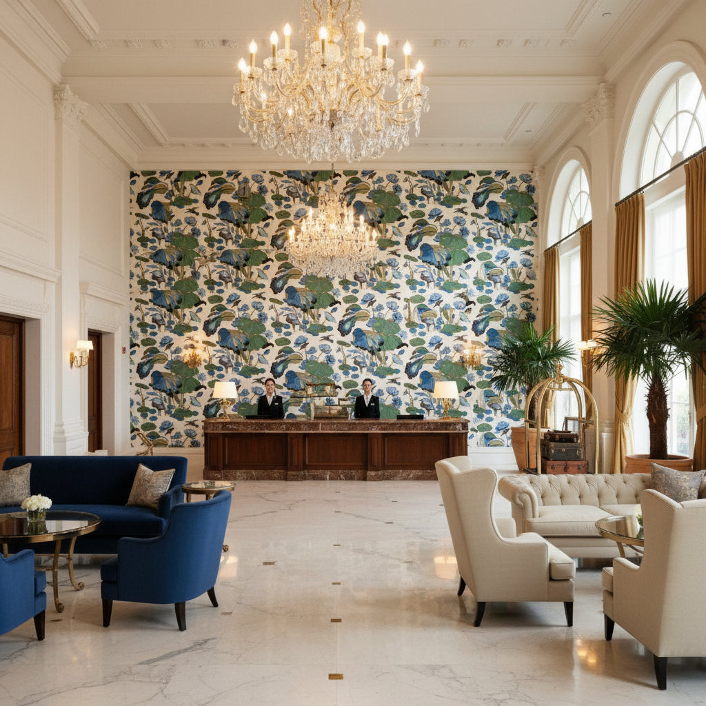 R1206.8.0 | Kravet - Hotel Lobby Visualization (AI-generated, may not be to scale. Verify pattern scale with product specifications.)