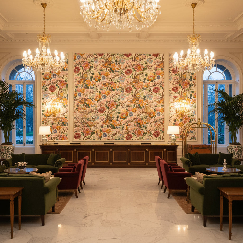 R1351.4.0 | Kravet - Hotel Lobby Visualization (AI-generated, may not be to scale. Verify pattern scale with product specifications.)