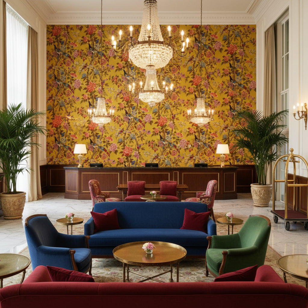 R1355.1.0 | Kravet - Hotel Lobby Visualization (AI-generated, may not be to scale. Verify pattern scale with product specifications.)