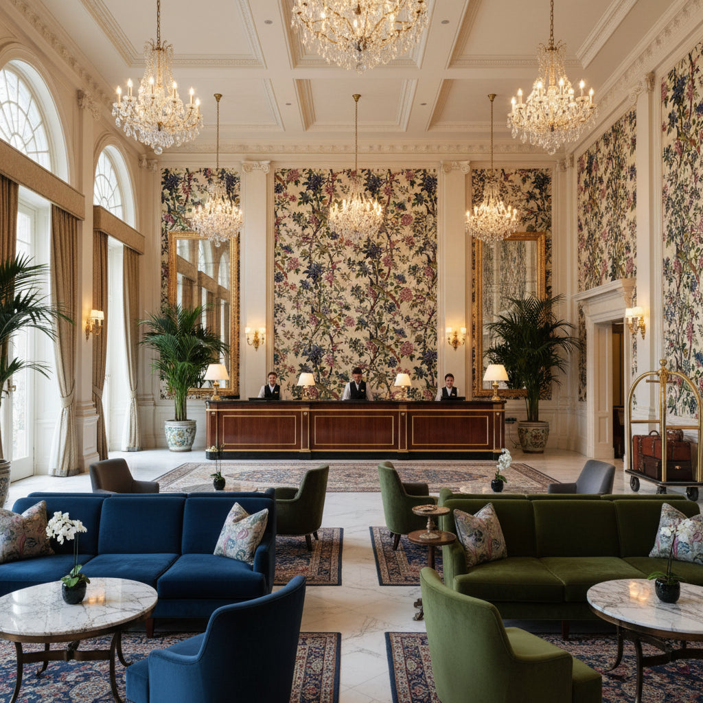 R1355.3.0 | Kravet - Hotel Lobby Visualization (AI-generated, may not be to scale. Verify pattern scale with product specifications.)