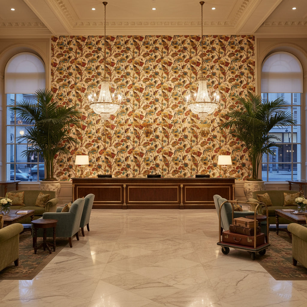 R1380.6.0 | Kravet - Hotel Lobby Visualization (AI-generated, may not be to scale. Verify pattern scale with product specifications.)