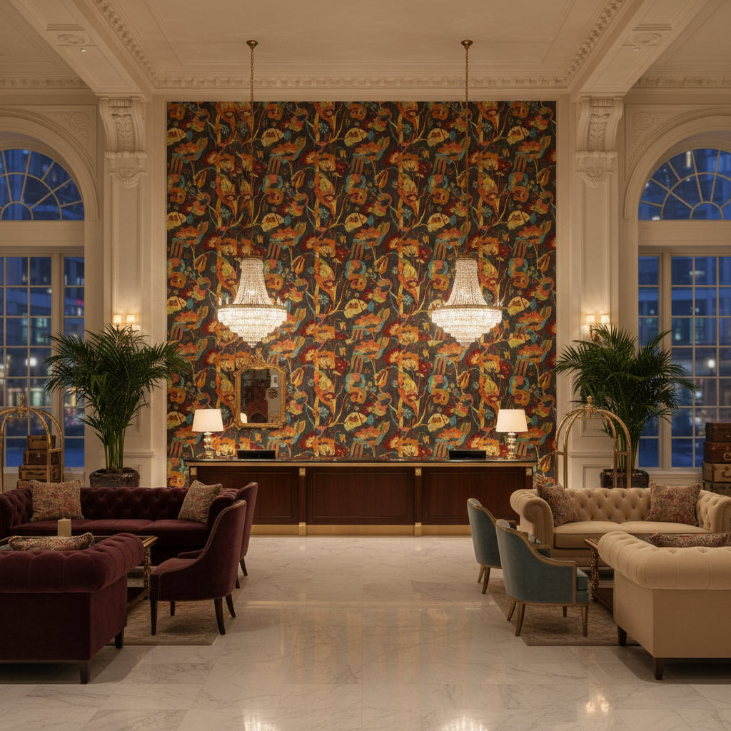 SP-BP10631.1.0 | Kravet - Hotel Lobby Visualization (AI-generated, may not be to scale. Verify pattern scale with product specifications.)