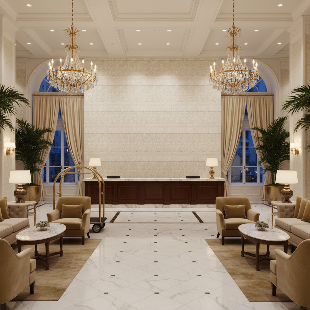 T8012114.1.0 | Kravet - Hotel Lobby Visualization (AI-generated, may not be to scale. Verify pattern scale with product specifications.)