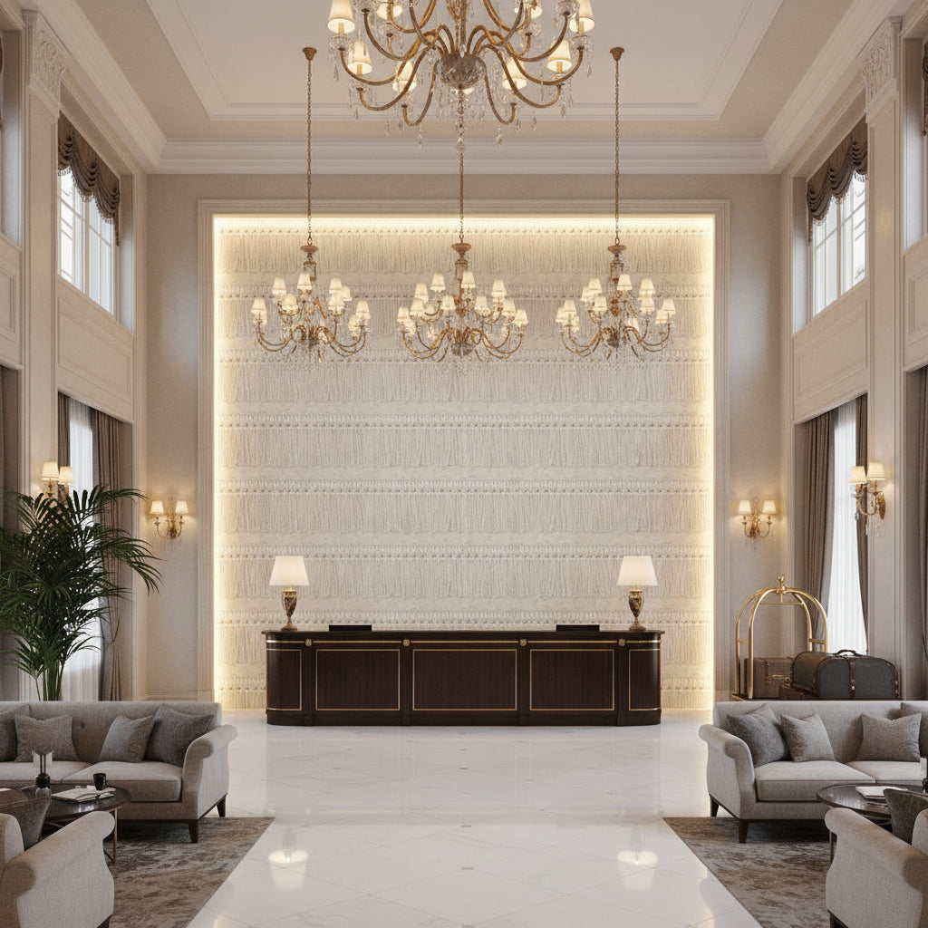 T8012114.118.0 | Kravet - Hotel Lobby Visualization (AI-generated, may not be to scale. Verify pattern scale with product specifications.)
