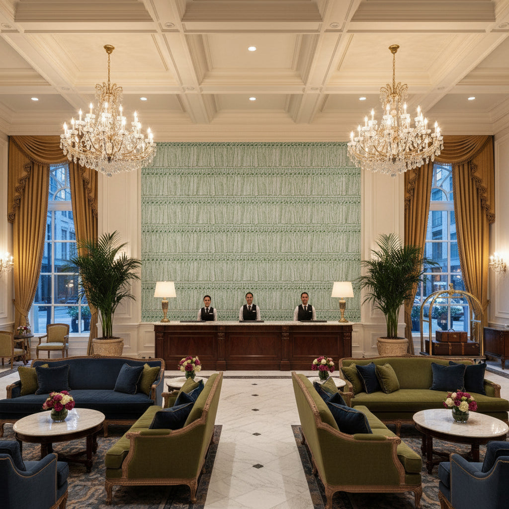 T8012114.345.0 | Kravet - Hotel Lobby Visualization (AI-generated, may not be to scale. Verify pattern scale with product specifications.)
