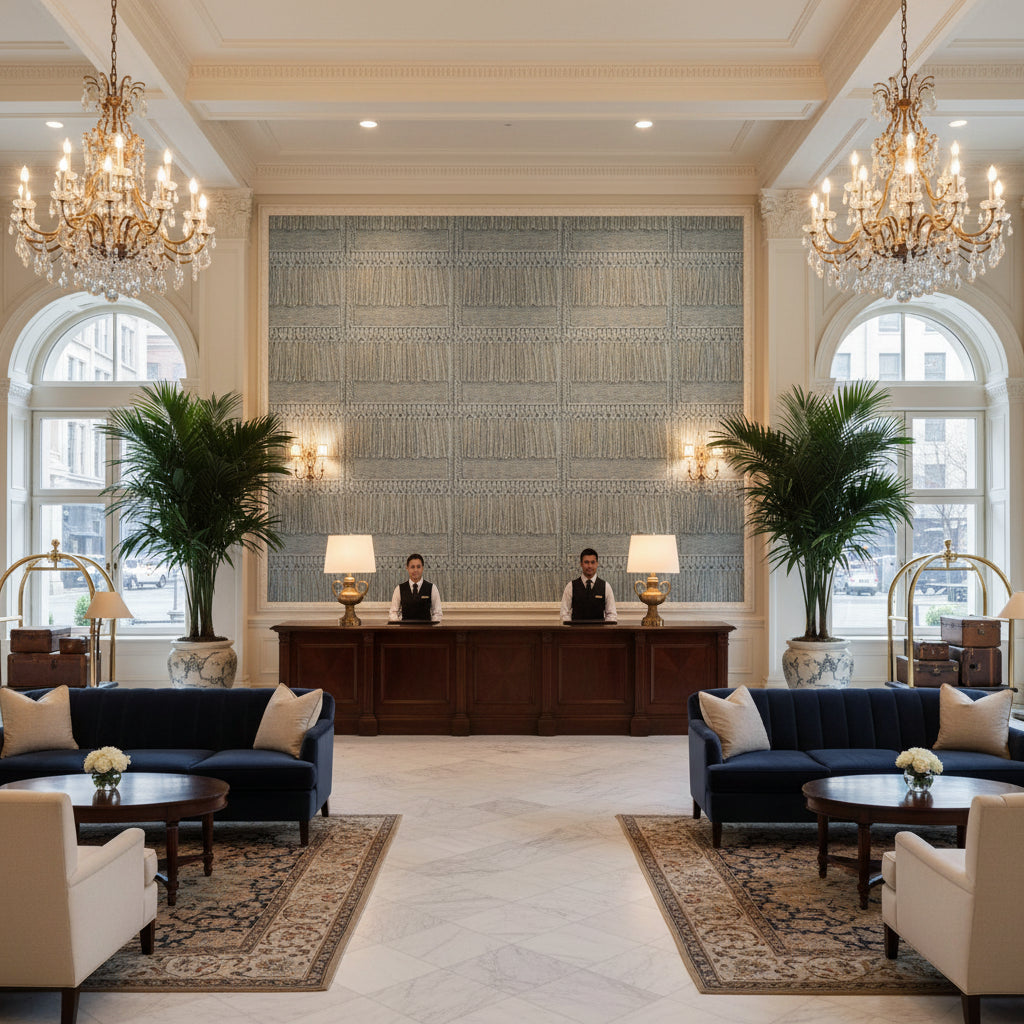 T8012114.515.0 | Kravet - Hotel Lobby Visualization (AI-generated, may not be to scale. Verify pattern scale with product specifications.)
