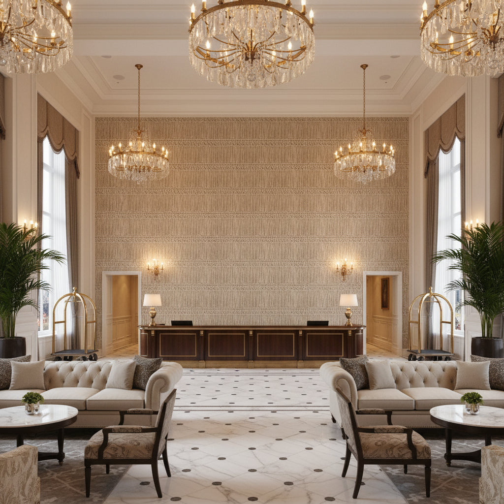 T8012114.81.0 | Kravet - Hotel Lobby Visualization (AI-generated, may not be to scale. Verify pattern scale with product specifications.)