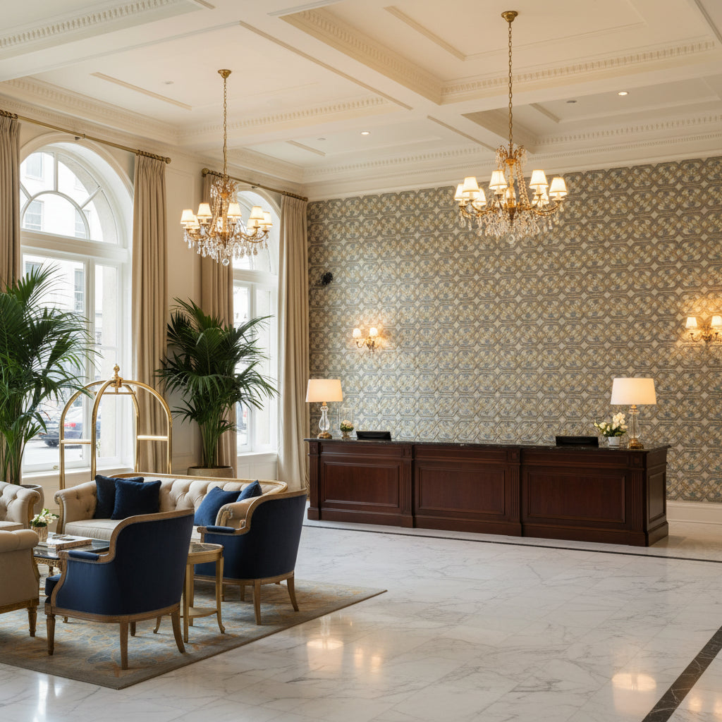 T8019104.11.0 | Kravet - Hotel Lobby Visualization (AI-generated, may not be to scale. Verify pattern scale with product specifications.)