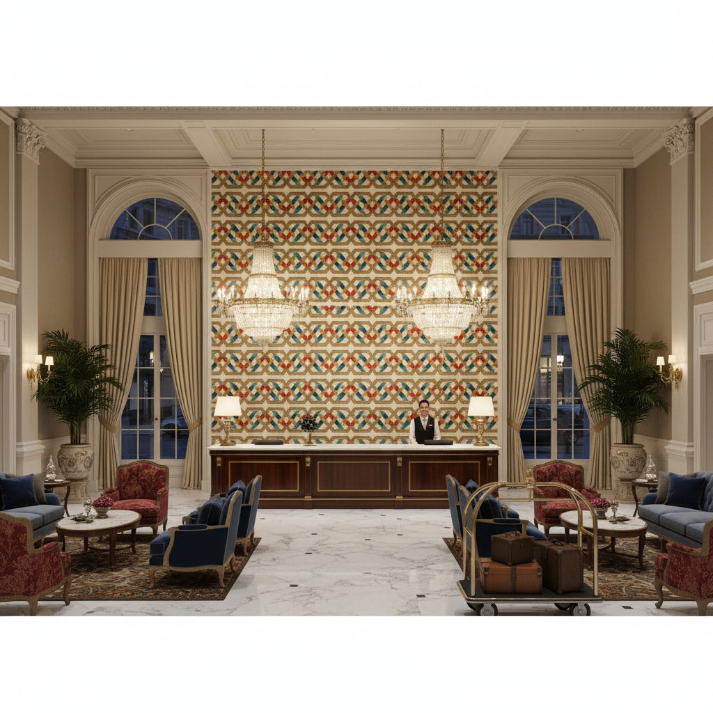 T8019104.254.0 | Kravet - Hotel Lobby Visualization (AI-generated, may not be to scale. Verify pattern scale with product specifications.)