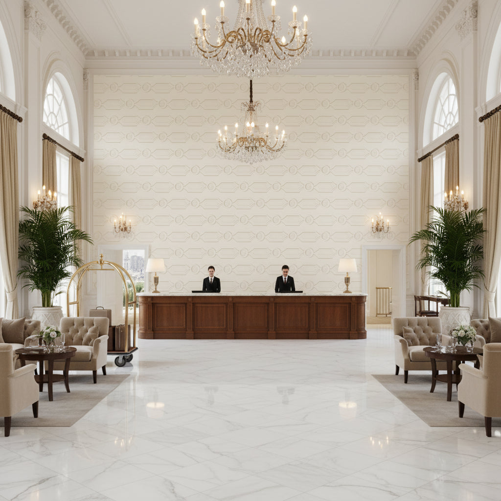T8019105.1.0 | Kravet - Hotel Lobby Visualization (AI-generated, may not be to scale. Verify pattern scale with product specifications.)