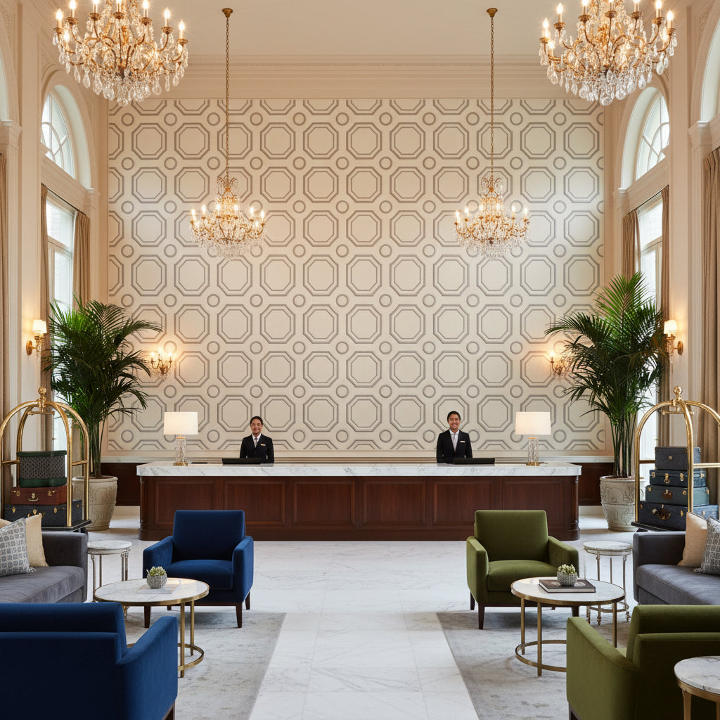 T8019105.11.0 | Kravet - Hotel Lobby Visualization (AI-generated, may not be to scale. Verify pattern scale with product specifications.)
